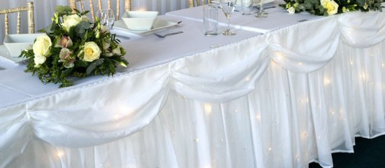 Putteridge Bury Head Table White Twinkle Skirt & Swag for 6 Meter Wide Head Table